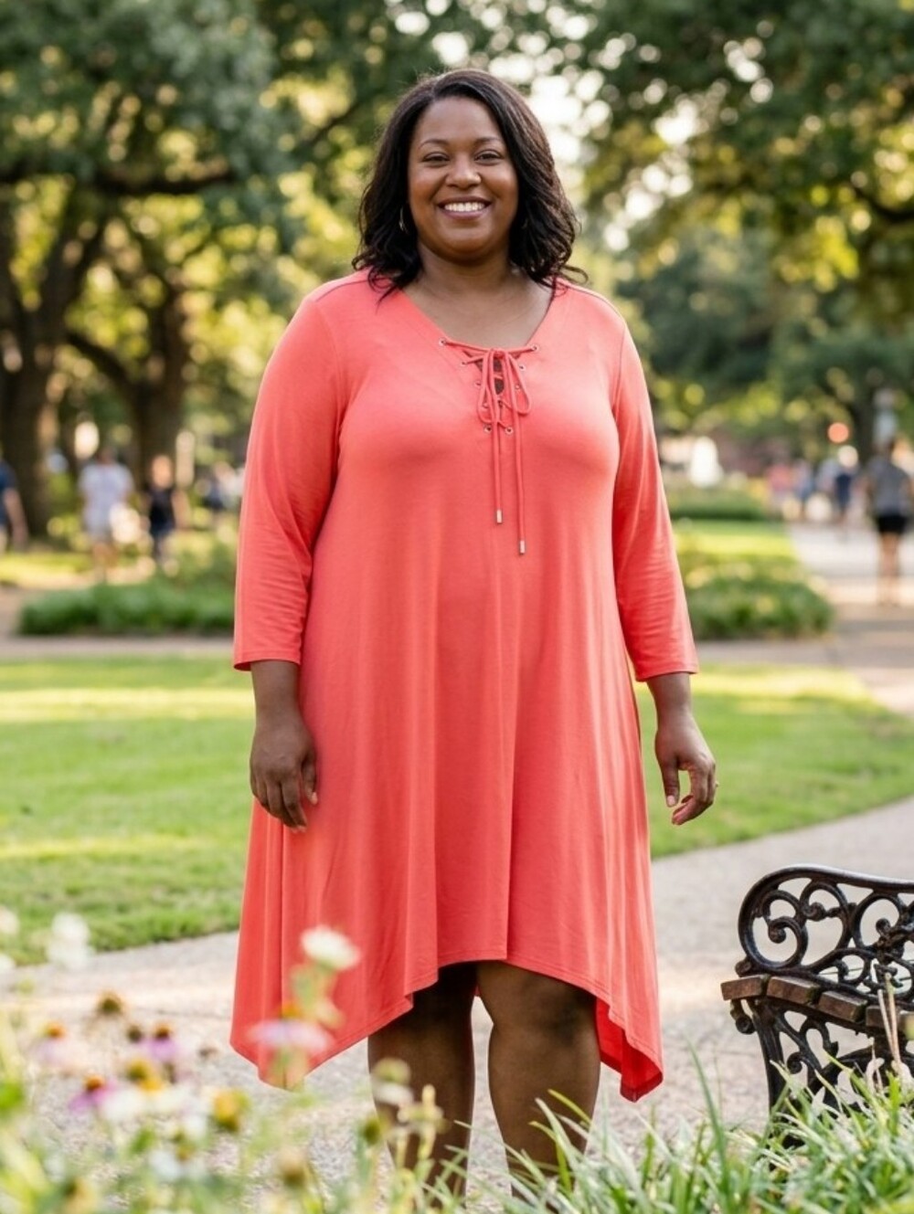 Boutique+ Coral Lace-Up V-Neck Tunic Midi Dress Size 2X
